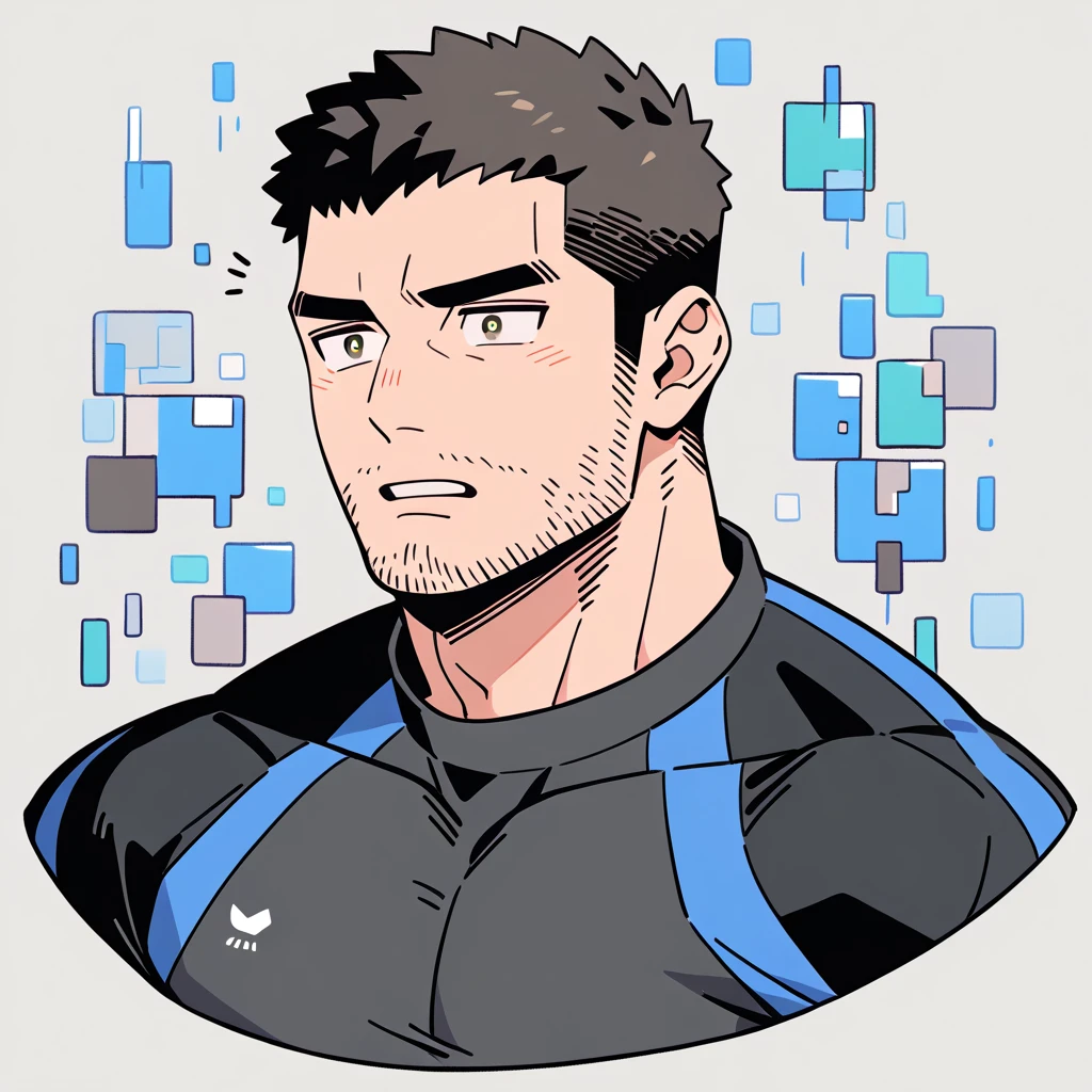 anime characters:Chris Redfield, Muscle Sports Student, Buzz Cut, Manliness, male focus, Dark black high collar long sleeve tight T-shirt, Slightly transparent material, Very tight, Round, full and perky chest muscles, muscular male, muscular, only, Upper body, alone, Black short hair, Thick eyebrows, stubble, Brown-red pupils, Grey background, simple background, amazing quality, best aesthetics, Ridiculous, crew cut, parted lips, flustered, endured face, best quality