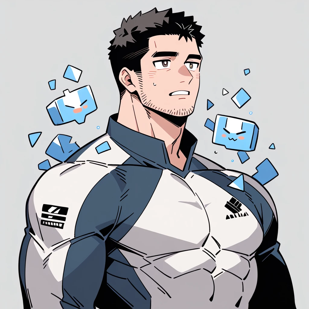 anime characters:Chris Redfield, Muscle Sports Student, Buzz Cut, Manliness, male focus, Dark black high collar long sleeve tight T-shirt, Slightly transparent material, Very tight, Round, full and perky chest muscles, muscular male, muscular, only, Upper body, alone, Black short hair, Thick eyebrows, stubble, Brown-red pupils, Grey background, simple background, amazing quality, best aesthetics, Ridiculous, crew cut, parted lips, flustered, endured face, best quality