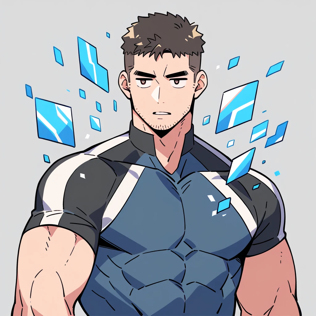 anime characters:Chris Redfield, Muscle Sports Student, Buzz Cut, Manliness, male focus, Dark black high collar long sleeve tight T-shirt, Slightly transparent material, Very tight, Round, full and perky chest muscles, muscular male, muscular, only, Upper body, alone, Black short hair, Thick eyebrows, stubble, Brown-red pupils, Grey background, simple background, amazing quality, best aesthetics, Ridiculous, crew cut, parted lips, v-shaped eyebrows, jitome, best quality