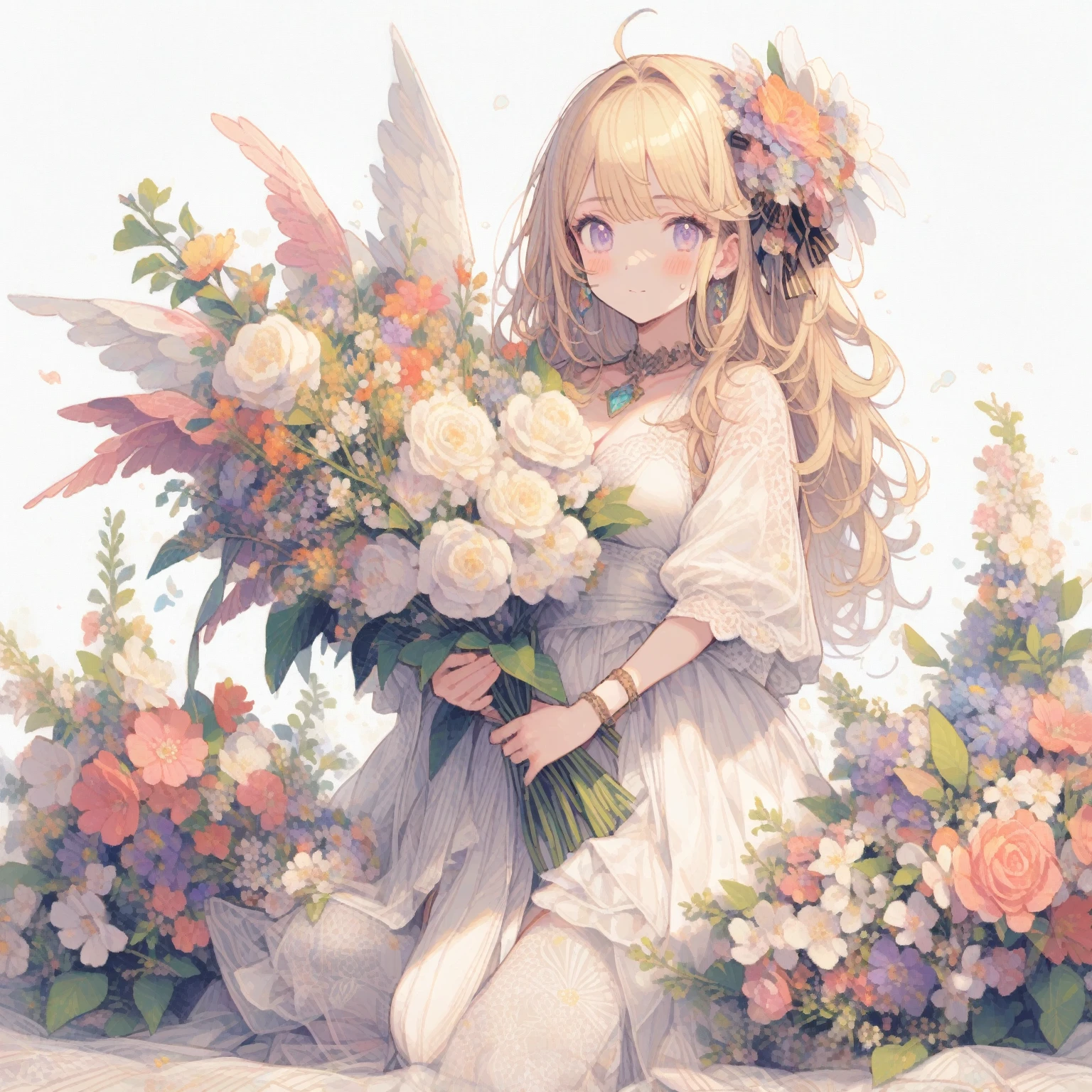 1girl、white(Clethra barbinervis)、「Overflowing Feelings」「Relaxation」、Japanese clethra、Mr.々Holding a bouquet of colorful flowers、 tegaki, masterpiece, best quality, very aesthetic, absurdres, highly detailed,