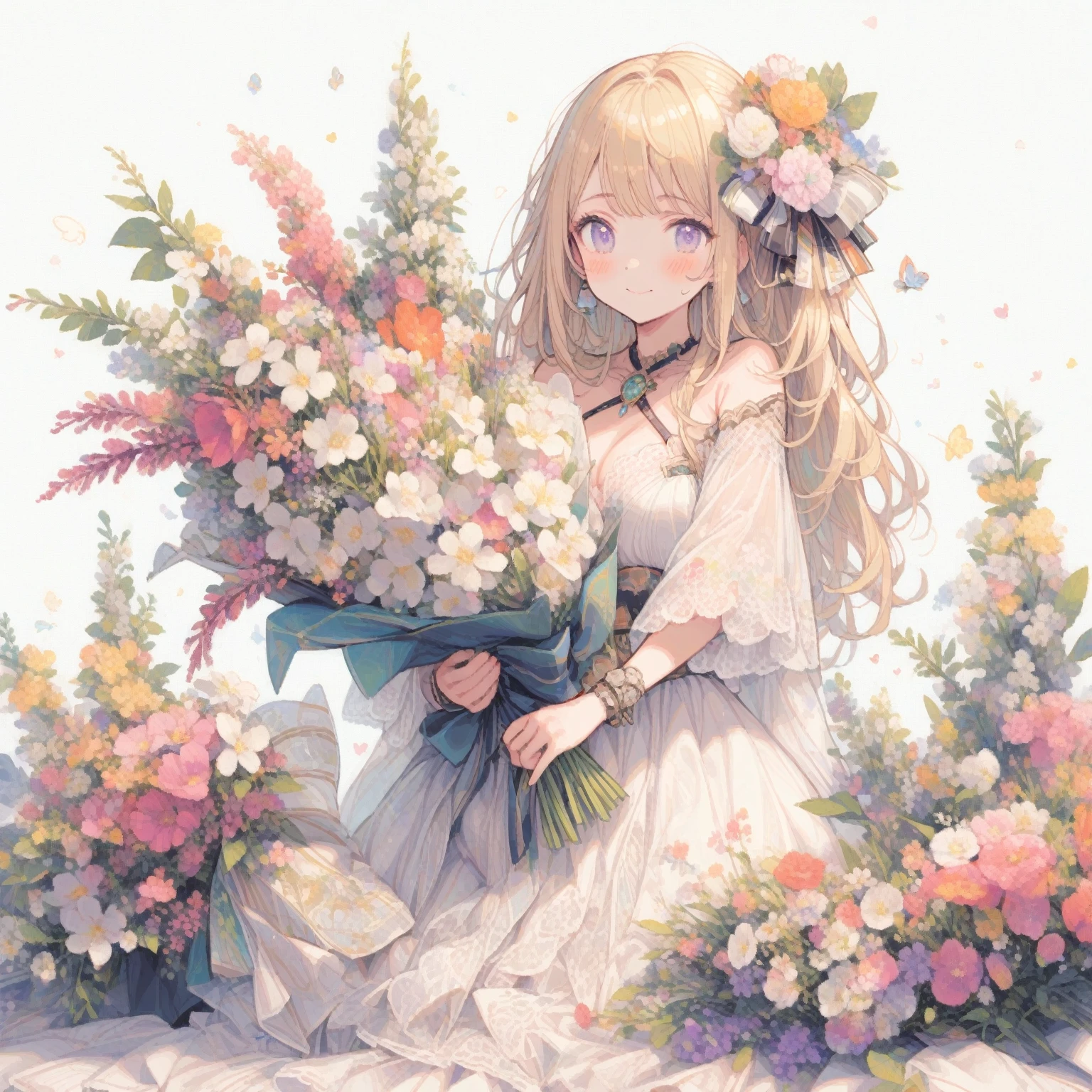 1girl、white(Clethra barbinervis)、「Overflowing Feelings」「Relaxation」、Japanese clethra、Mr.々Holding a bouquet of colorful flowers、 tegaki, masterpiece, best quality, very aesthetic, absurdres, highly detailed,