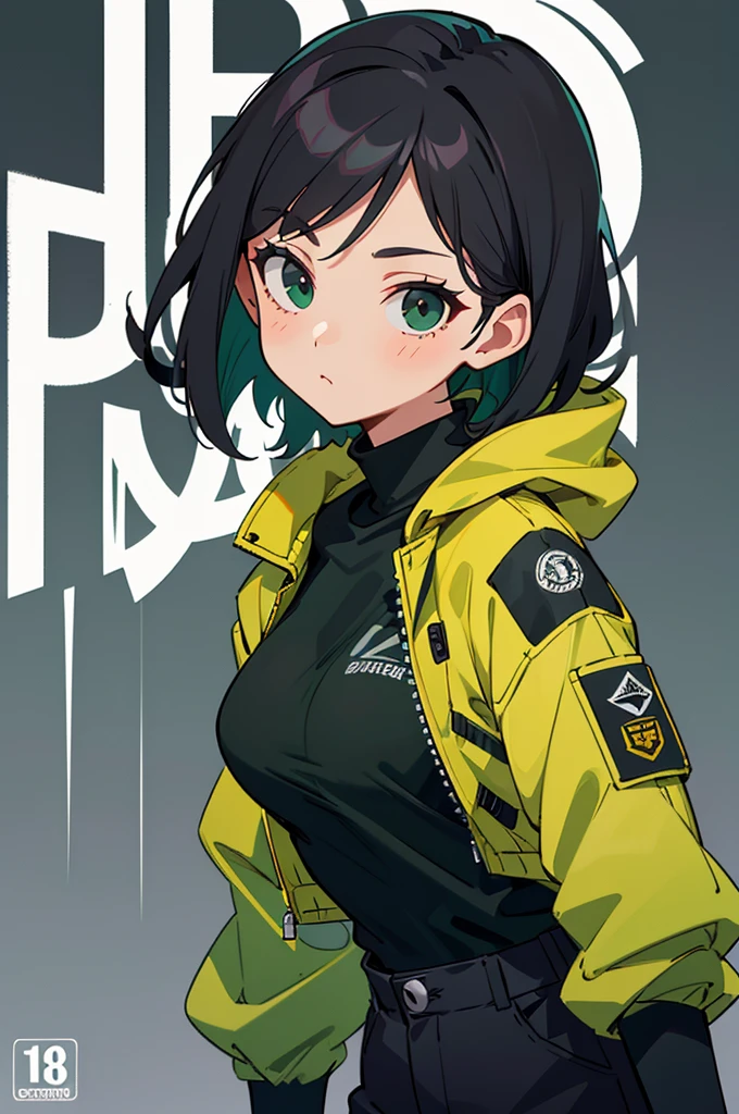 (masterpiece: 1.2, best quality), (1 lady, solo, upper body: 1.2),Detailed face, Black and white,, a girl in a black jacket and green Cargo pants standing, wearing Cargo pants, a green colored bomber jacket, Cargo pants , wearing dark green bomber jacket, black bomber jacket, black rugged clothing, cropped shirt with jacket, black pants, wearing a turtleneck and jacket, a girl wearing a black jacket, bomber jacket, black and green, white and black color scheme ((modern clothes)) Looking at the viewer, looking at the camera,,Magazine cover,a close up of a poster,black background, simple background