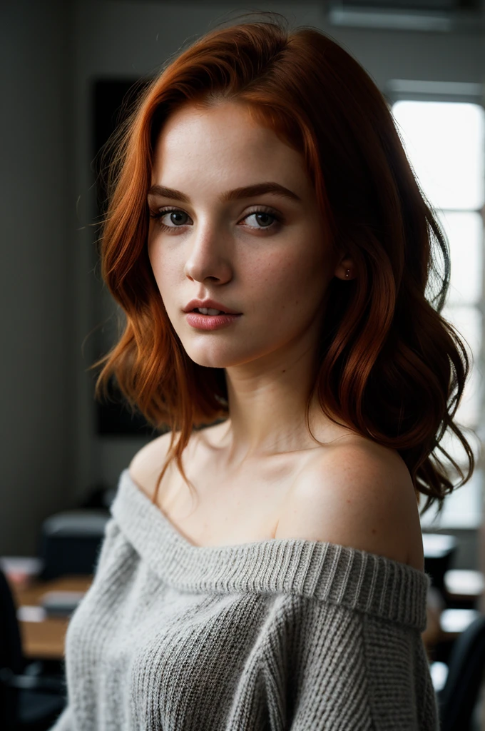 1girl, redhead woman, standing in the office, whole body view, off-shoulder grey sweater, beautiful detailed eyes, beautiful detailed lips, extremely detailed face and portrait, photorealistic, hyper realistic, cinematic lighting, dramatic lighting, moody atmosphere, warm color palette, high quality, masterpiece, best quality