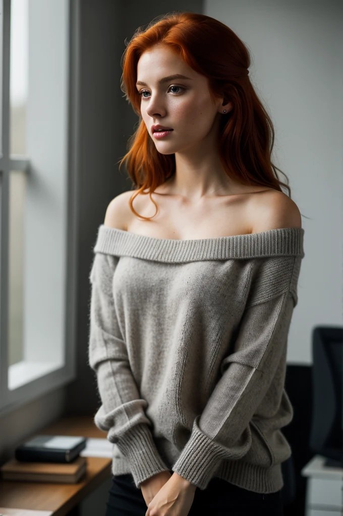 1girl, redhead woman, standing in the office, whole body view, off-shoulder grey sweater, beautiful detailed eyes, beautiful detailed lips, extremely detailed face and portrait, photorealistic, hyper realistic, cinematic lighting, dramatic lighting, moody atmosphere, warm color palette, high quality, masterpiece, best quality