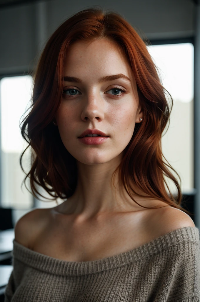 1girl, redhead woman, standing in the office, whole body view, off-shoulder grey sweater, beautiful detailed eyes, beautiful detailed lips, extremely detailed face and portrait, photorealistic, hyper realistic, cinematic lighting, dramatic lighting, moody atmosphere, warm color palette, high quality, masterpiece, best quality