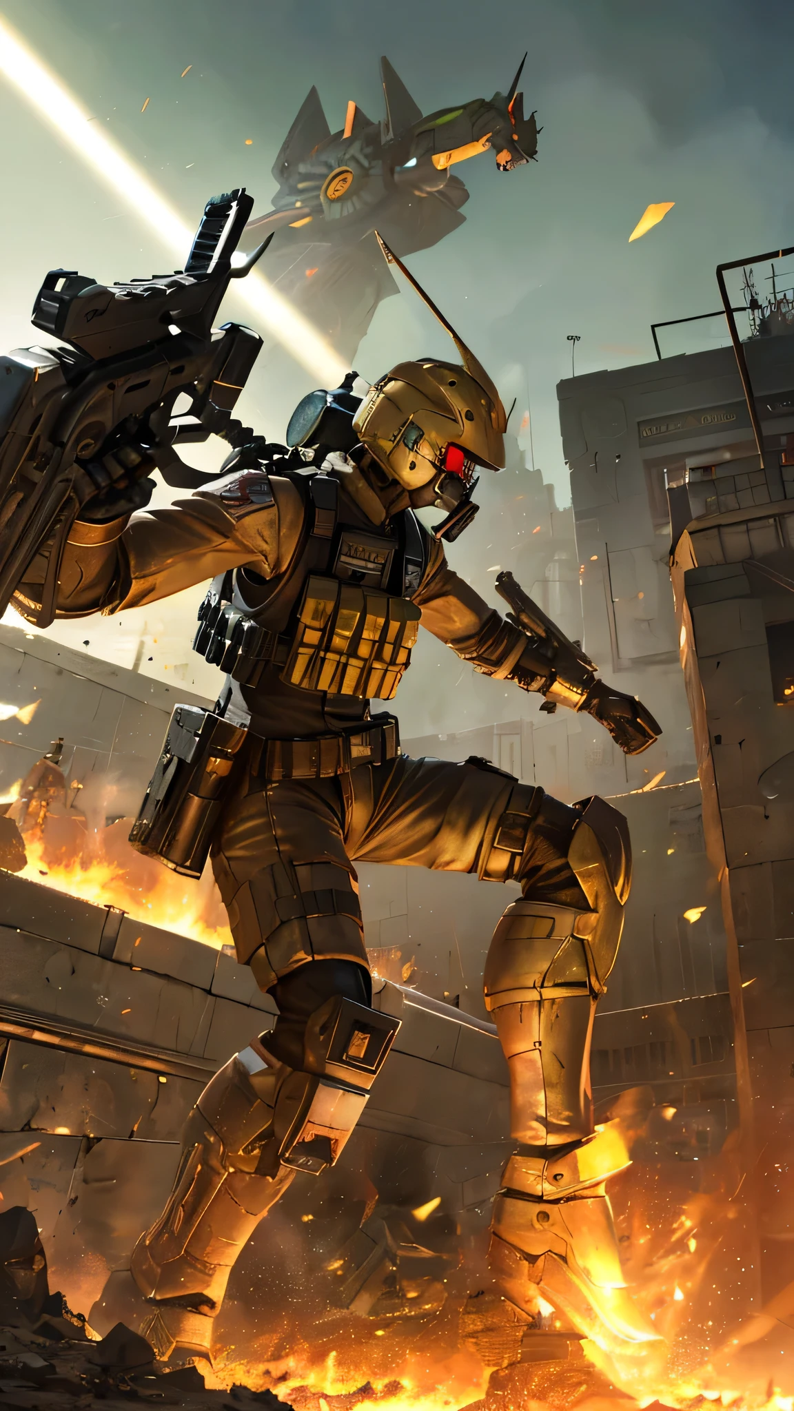 最high quality、Best image quality、masterpiece、Giant Mecha((humanoid、Railgun、Bulletproof vest、Jetpack、Red visor、Run、Chainsaw,Covered in scars,gas mask、Gold Color、Fighting Pose))high quality、Beautiful art、background((City、explosion、Smokescreen)),Tabletop、Exquisite design、Visual Arts、Written boundary depth、Best lighting、The finest details、8k