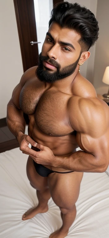 a indian sexy young beard man with a big cock is standing in bedroom, gigachad muscular, beefy, mid-shot of a hunky boy, strong and imposing, exaggeratedly large physique, juicy meat, tall and muscular, detailed veiny muscles, sexy muscular body, muscular body, very muscly, strong masculine features, muscular male, powerful and huge, realistic, seduction, erotic bulge, in hot underwear, from above view, ear studs, hunk getting foot kissing by another hunk in one photo, feet worship, pornography, hunk is body stretching, another hunk smelling laying hunk feet, from lower body view, black socks, hot sexy poses, nudity, underwear pulled down and showing public hair, hairy huge wider muscled legs, thighs