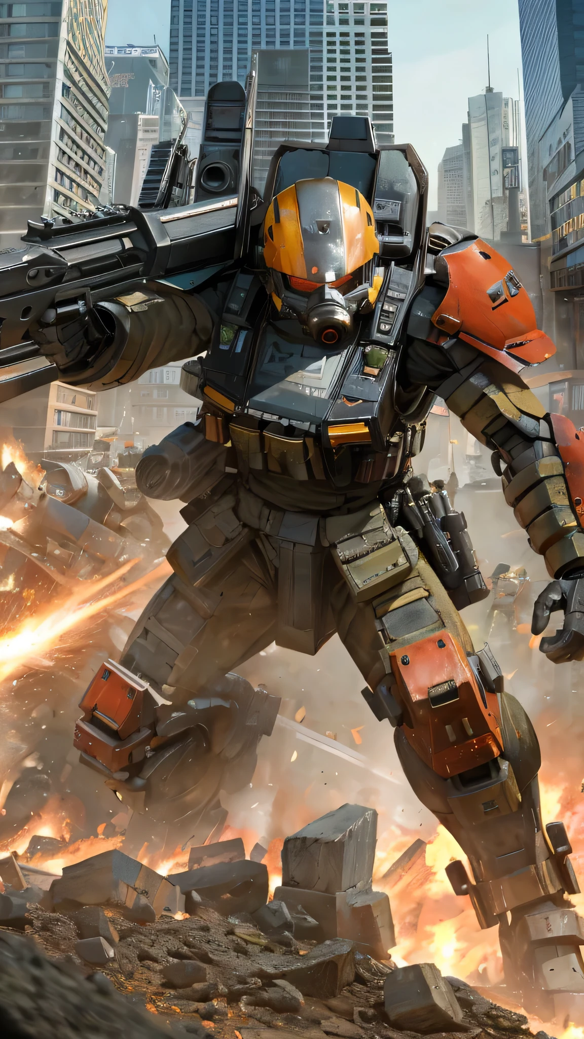 最high quality、Best image quality、masterpiece、Giant Mecha((humanoid、Railgun、Bulletproof vest、Jetpack、Red visor、Run、Chainsaw,Covered in scars,gas mask、Gold Color、Fighting Pose)）high quality、Beautiful art、background((City、explosion、Smokescreen)),Tabletop、Exquisite design、Visual Arts、Written boundary depth、Best lighting、The finest details、8ｋ
