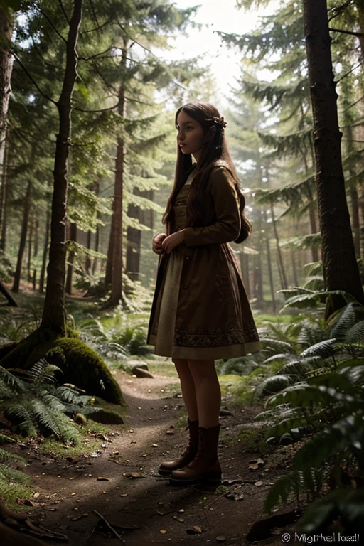 Illustration for a fairy tale about a girl standing in the forest ,who can speak ,with animals