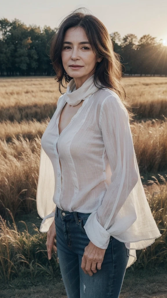 8k, best quality, masterpiece, realistic, ultra detail, photo realistic, Increase quality, (masterpiece:1.4),
a photo of a mature woman standing in a field with a scarf, in the style of dark and brooding designer, voluminous mass, photobash, serene faces, jagged edges, navy, natural beauty, close-up shot, (Beautiful 63 year old woman:1.5), (Facial wrinkles : 1.2), (white sheer linen shirt with front open : 1.2), (bra : 1.1), jeans, leather boots, blanket, (plump body : 1), extremely white skin, pores, skin blemishes, dull skin, gentle smile, wavy hair, saggy breasts, (hanging breasts), on a barn, detailed backgrounds, sunrise