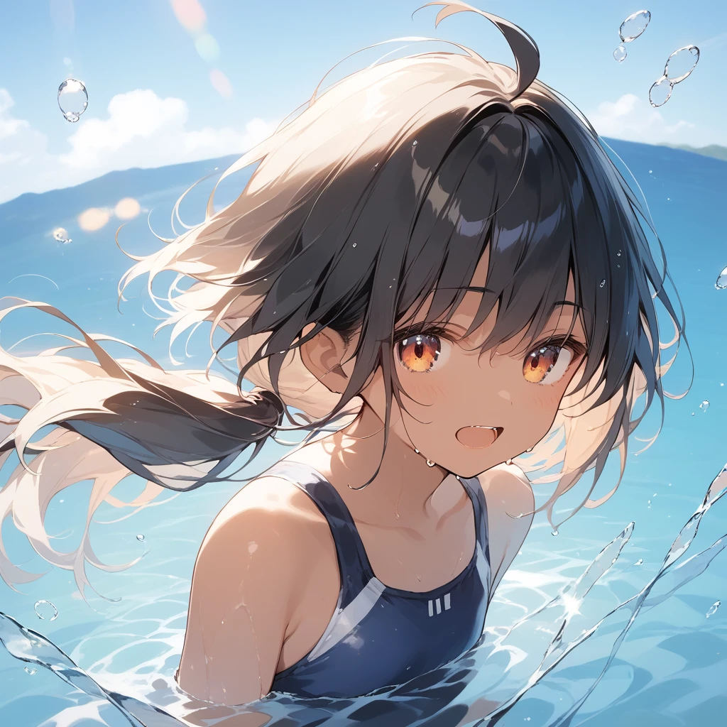 score_9, score_8_up, score_7_up, source_anime, best quality, masterpiece, official art, absurdres, highres, ultra-detailed,waifu2x,Collection: Slice of Life,break,1girl, tomboy, dark-skinned female, short hair, low ponytail, flat chest, beautiful detailed eyes, swimsuit, wet, open mouth, (yawn:0.3), sleepily, water, outdoors, wind,break,(clear line illustration:1.2), super detailed skin,very high resolution, very aesthetic, Best sexual lighting powered by famous artist, 8k,cute picture,beauty illustration,photoshop_(medium),,(Detailed Lighting),best anime 8k konachan wallpaper, pixiv contest winner,