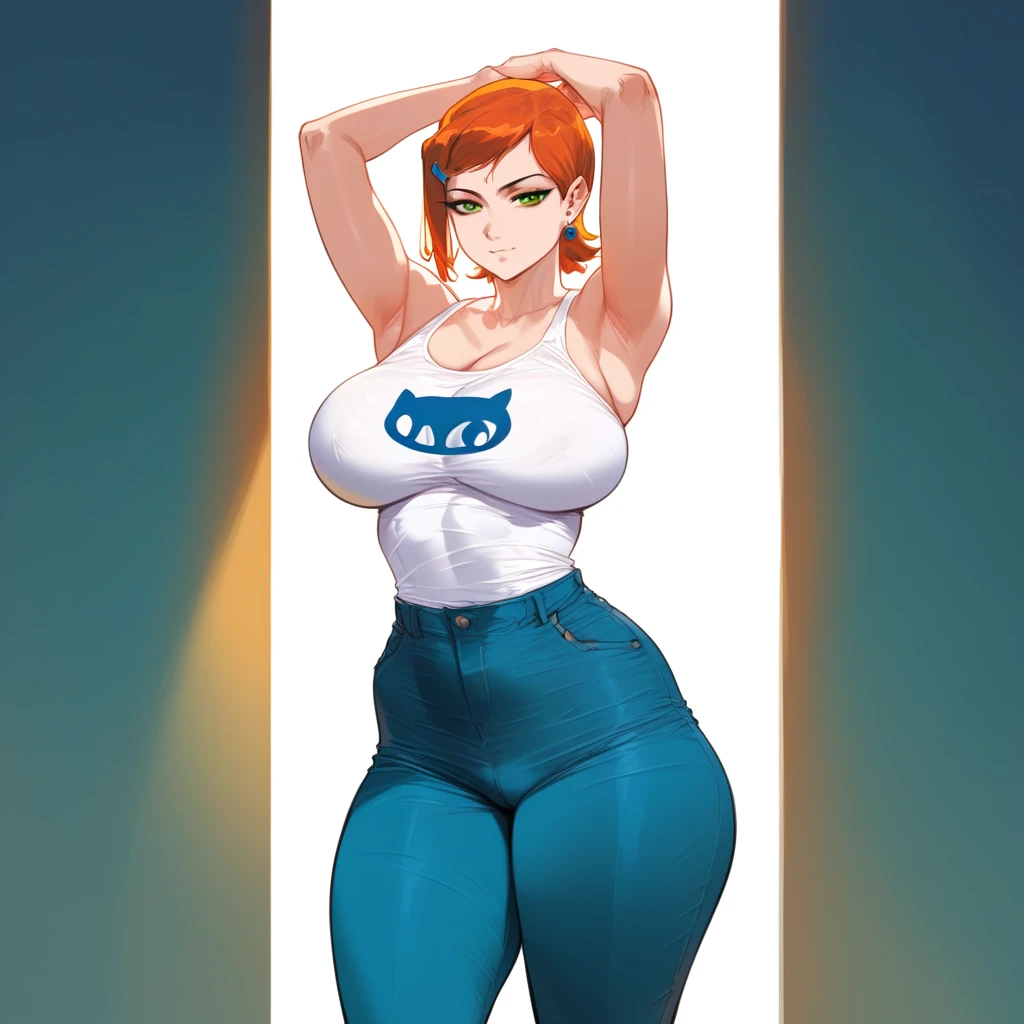 mixed_artwork style, 1 girl, standing alone, hands, beautiful woman, thick, gwendolyn_tennyson (from Ben 10) realistic, textures, 8K, perfect hand, perfect anatomy, visible curves, Breasts, Arms raised