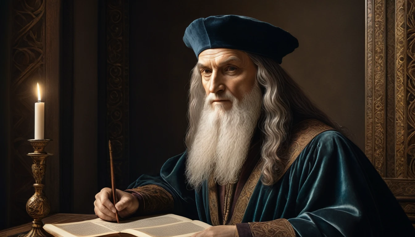 A detailed portrait of Leonardo da Vinci,extremely detailed face and eyes,intricate renaissance-style clothing,in a renaissance setting with tomes and paintings,elegant posture,chiaroscuro lighting,cinematic composition,muted color palette,masterpiece,photorealistic,8k