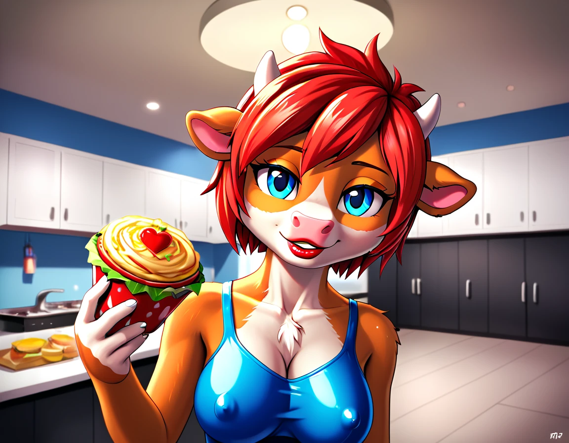 a 3D digital painting picture of extremely beautiful  (anthropomorphic cpw:1.3) serving a big bowl of salad in American diner, an exquisite beautiful female (cow anthropomorphic:1.3), ultra feminine ultra detailed face, red hair, short hair, little fury, red lips, blue eyes, wearing sexy white seductive latex dress, looking at a American  kitchen background,  dynamic angle, , award winning, best quality, high quality, high details, highres, vibrant, Ultra-high resolution, High Contrast, (masterpiece:1.5), highest quality, Best aesthetics, best details, best quality, highres, ultra wide angle, 16k, [ultra detailed], masterpiece, best quality,  photorealistic, 3D rendering, furry