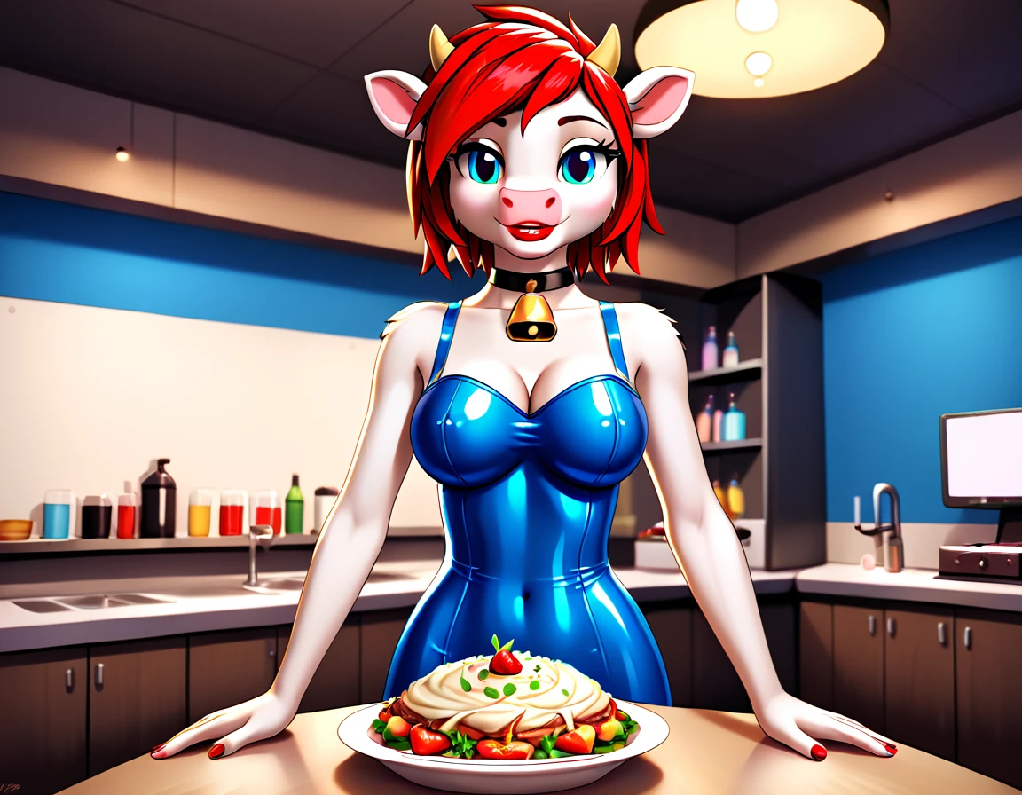 a 3D digital painting picture of extremely beautiful  (anthropomorphic cpw:1.3) serving a big bowl of salad in American diner, an exquisite beautiful female (cow anthropomorphic:1.3), ultra feminine ultra detailed face, red hair, short hair, little fury, red lips, blue eyes, wearing sexy white seductive latex dress, looking at a American  kitchen background,  dynamic angle, , award winning, best quality, high quality, high details, highres, vibrant, Ultra-high resolution, High Contrast, (masterpiece:1.5), highest quality, Best aesthetics, best details, best quality, highres, ultra wide angle, 16k, [ultra detailed], masterpiece, best quality,  photorealistic, 3D rendering, furry