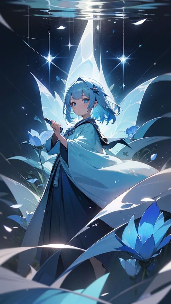 Highest quality,masterpiece,Detailed Details,Super detailed,colorful,The background is the deep blue sea,Transparency,Use HDR technology to create a sense of depth,beautiful,beautiful自然,5 year old girl,Alone,Wearing a wizard's robe,Stand in the center of the screen,The whole body faces this way,Look diagonally forward to the left,Put your right hand forward in a three-dimensional way,A star-like light from the right,Light magic from the right hand,Narrow and gentle eyes,mysterious,Silver hair decorated with blue flowers,Fantasy atmosphere,beautiful虹色の蝶々is flying in the air