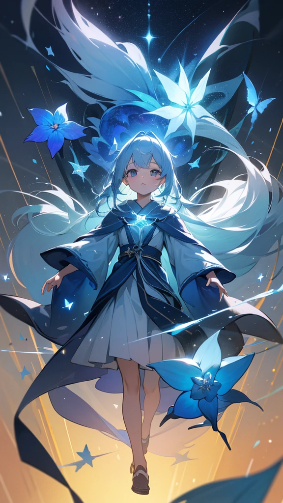 Highest quality,masterpiece,Detailed Details,Super detailed,colorful,The background is the deep blue sea,Transparency,Use HDR technology to create a sense of depth,beautiful,beautiful自然,5 year old girl,Alone,Wearing a wizard's robe,Stand in the center of the screen,The whole body faces this way,Look diagonally forward to the left,Put your right hand forward in a three-dimensional way,A star-like light from the right,Light magic from the right hand,Narrow and gentle eyes,mysterious,Silver hair decorated with blue flowers,Fantasy atmosphere,beautiful虹色の蝶々is flying in the air