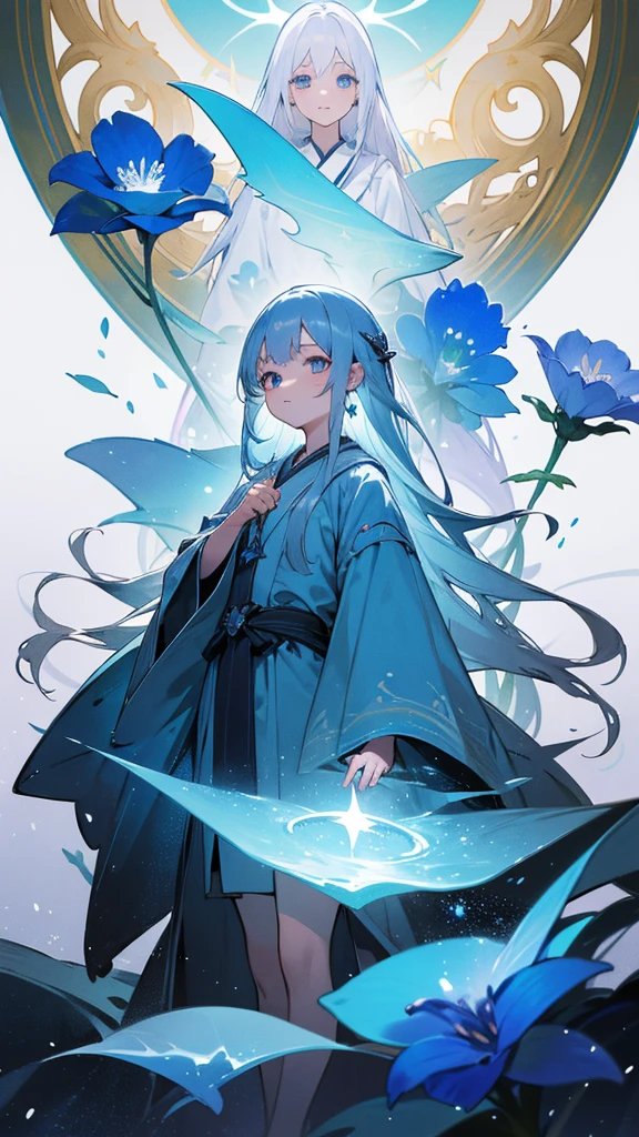 Highest quality,masterpiece,Detailed Details,Super detailed,colorful,The background is the deep blue sea,Transparency,Use HDR technology to create a sense of depth,beautiful,beautiful自然,5 year old girl,Alone,Wearing a wizard's robe,Stand in the center of the screen,The whole body faces this way,Look diagonally forward to the left,Put your right hand forward in a three-dimensional way,A star-like light from the right,Light magic from the right hand,Narrow and gentle eyes,mysterious,Silver hair decorated with blue flowers,Fantasy atmosphere,beautiful虹色の蝶々is flying in the air
