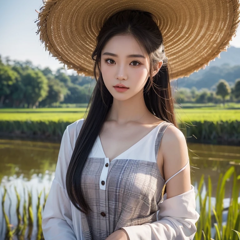 Frontal photo of Araffe woman, 25 30 years old, Wear a plaid shirtสีเข้ม, Wear a plaid shirt, Looking straight at you intently, ponytail, Long hair floats up, Long-haired woman with a round face, Red cheeksแดงอมชมพู, black eyes ตาสองชั้น, black eyes, Thai anime, Has a large chest size of 38 inches., (digital painting, HDR, high contrast), (Highest quality),(Masterpiece:1.3),(sharp focus:1.22), glowing face, (Red cheeks:1.6:), outdoor, The background is a rice field., There is an old thatched Thai-style hut in the background., The evening sun shines, beautiful female model, jaw-dropping beauty, Attractive face and body