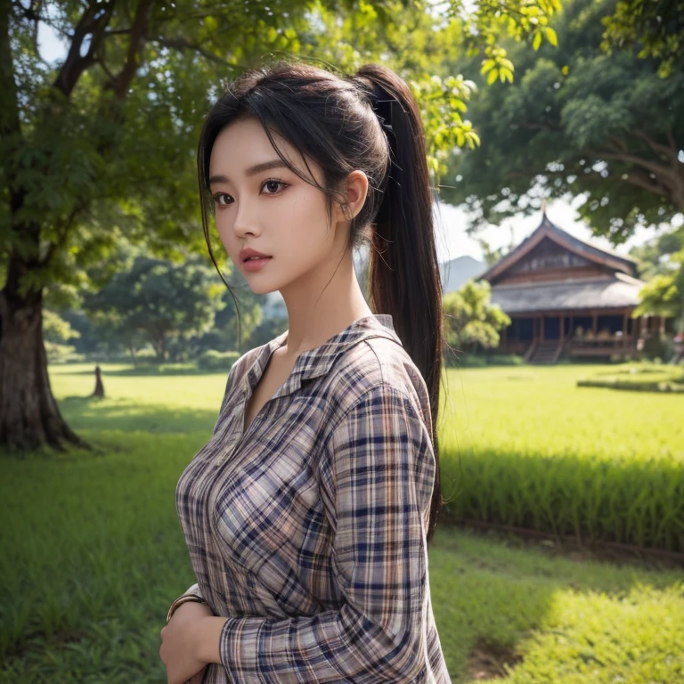 Frontal photo of Araffe woman, 25 30 years old, Wear a plaid shirtสีเข้ม, Wear a plaid shirt, Looking straight at you intently, ponytail, Long hair floats up, Long-haired woman with a round face, Red cheeksแดงอมชมพู, black eyes ตาสองชั้น, black eyes, Thai anime, Has a large chest size of 38 inches., (digital painting, HDR, high contrast), (Highest quality),(Masterpiece:1.3),(sharp focus:1.22), glowing face, (Red cheeks:1.6:), outdoor, The background is a rice field., There is an old thatched Thai-style hut in the background., The evening sun shines, beautiful female model, jaw-dropping beauty, Attractive face and body