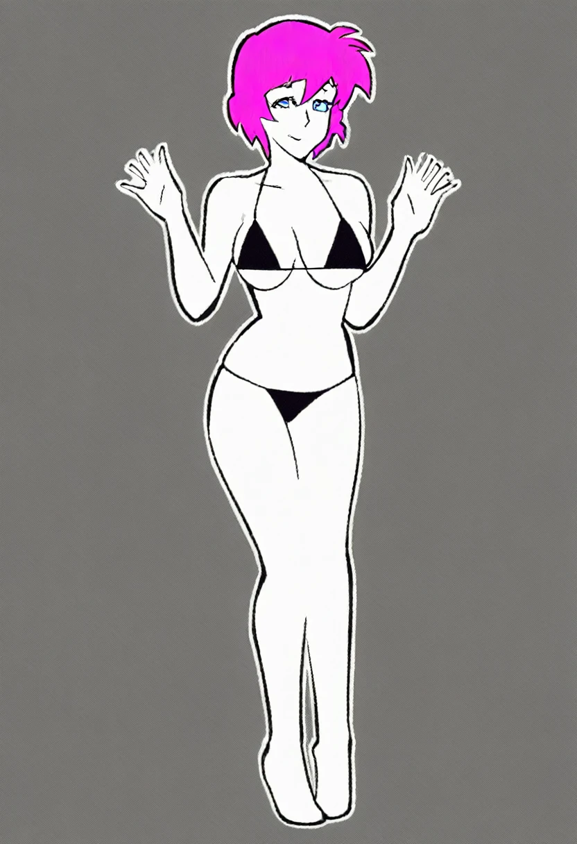 (score_9, score_8_up, score_7_up, score_6_up), vector, flat color, (white body outline), black background, by inkplasm, 1980s anime, Smirking bikini mommy, mature face, stockings, full body shot, (source_anime:1.1), rating_explicit