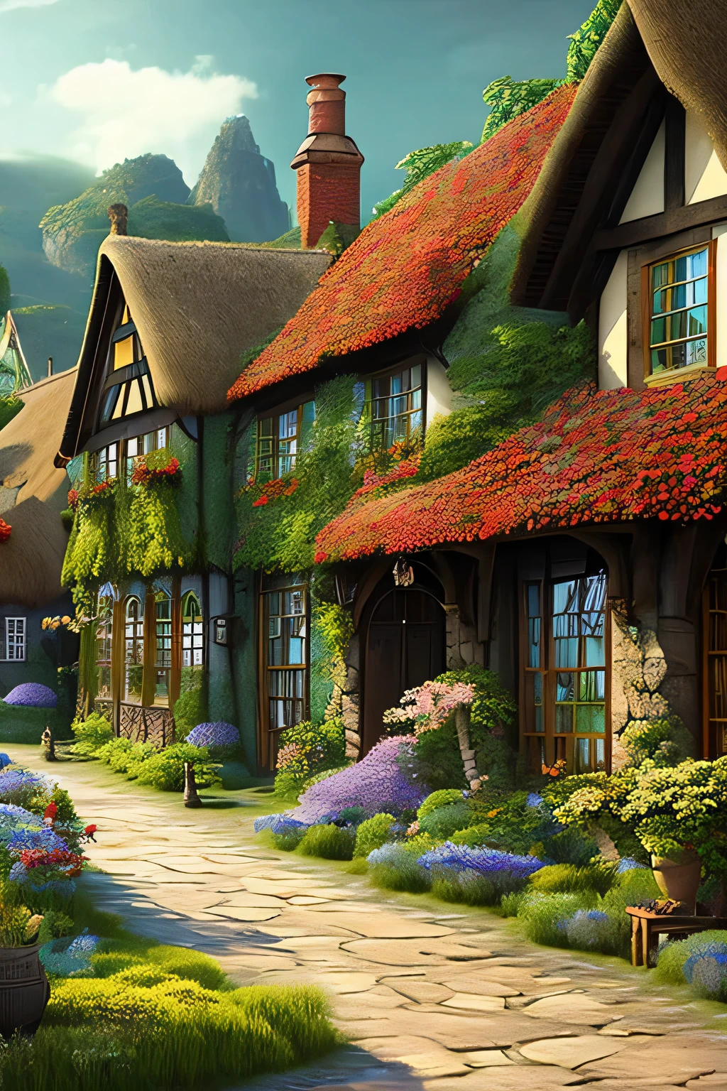 In an exquisite 8K resolution, this image brings to life the enchanting village of Ardenwood, nestled within a verdant, vibrant valley. Ancient oaks, boasting rich, textured bark and sprawling canopies of emerald leaves, stand tall like guardians over the landscape. Winding brooks meander through the village, their waters sparkling with clarity, adding a touch of life to the serene tableau. Charming thatched-roof houses adorned with colorful flower boxes dot the terrain, each displaying a unique charm that speaks of a bygone era. The cobblestone streets weave intricately, inviting exploration, while vill