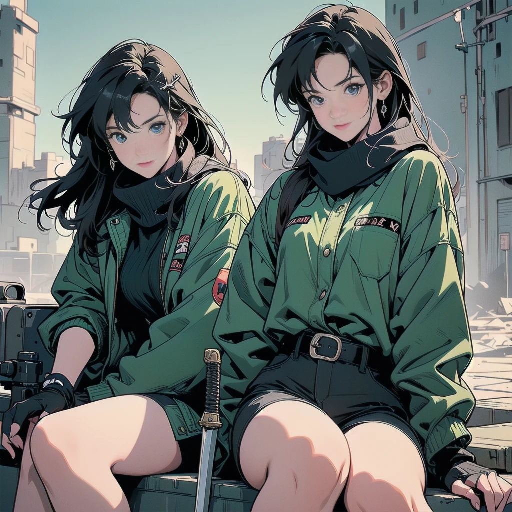 Realistic, As Yuuki, Super detailed,First Job, Better Quality, High resolution, One girl, Chinon 1, scarf, Fingerless gloves, Long sleeve, Short black shorts, hair ornaments, Hair Clip, Green thighs, Green jacket, Thigh straps, number de cowboy, Holding a gun, sniper rifle, Remains, Sitting, (Sword Art Online), range, Using a sniper, holding the sniper rifle, olhando no range, looking into the sniper rifle scope, number, High resolution, Urban, roof, Collapsed building, war, Catastrophe, disaster, Graves, cold, Bright Eyes, Superpoder, concentrated, concentrated, Cabello Kurt Azul, blue eyes, Ultra-realistic hands, With black gloves, Proportional Body