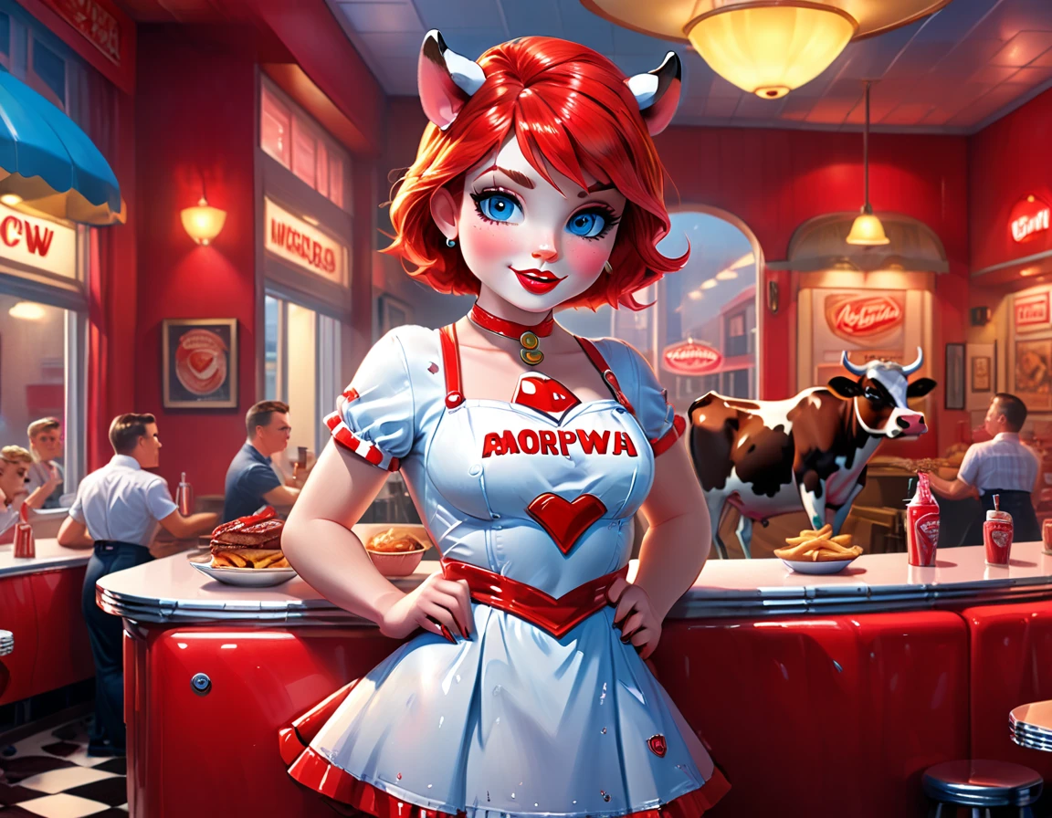 a 3D digital painting picture of extremely beautiful  (anthropomorphic cpw:1.3) serving a big sirloin steak in American diner, an exquisite beautiful female (cow anthropomorphic:1.3), ultra feminine ultra detailed face, red hair, short hair, little fury, red lips, blue eyes, wearing sexy white seductive latex dress, looking at a American  kitchen background,  dynamic angle, , award winning, best quality, high quality, high details, highres, vibrant, Ultra-high resolution, High Contrast, (masterpiece:1.5), highest quality, Best aesthetics, best details, best quality, highres, ultra wide angle, 16k, [ultra detailed], masterpiece, best quality,  photorealistic, 3D rendering, furry