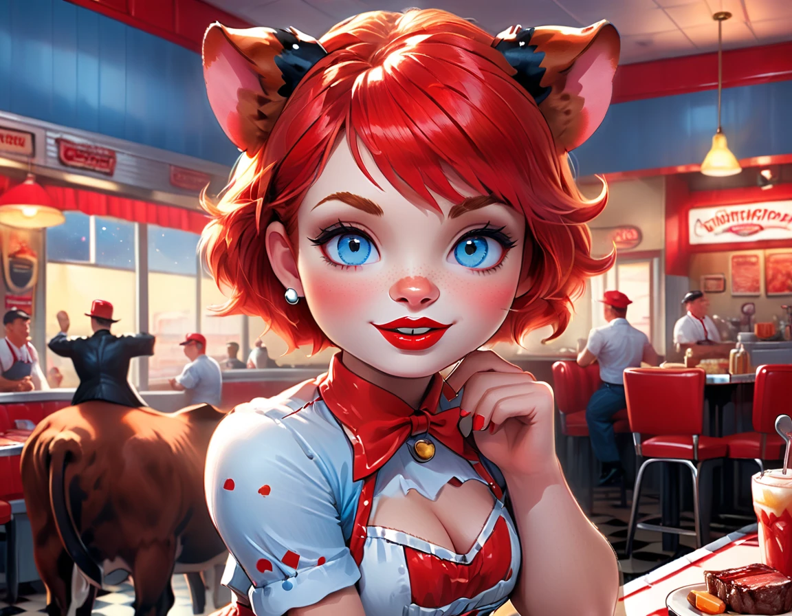 a 3D digital painting picture of extremely beautiful  (anthropomorphic cpw:1.3) serving a big sirloin steak in American diner, an exquisite beautiful female (cow anthropomorphic:1.3), ultra feminine ultra detailed face, red hair, short hair, little fury, red lips, blue eyes, wearing sexy white seductive latex dress, looking at a American  kitchen background,  dynamic angle, , award winning, best quality, high quality, high details, highres, vibrant, Ultra-high resolution, High Contrast, (masterpiece:1.5), highest quality, Best aesthetics, best details, best quality, highres, ultra wide angle, 16k, [ultra detailed], masterpiece, best quality,  photorealistic, 3D rendering, furry