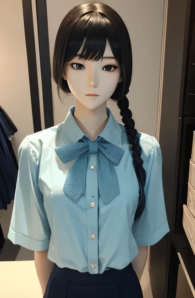 A full-body mannequin gently interacts with a computer,mannequin is a high school girl,The mannequin is 165cm tall,Mannequin color&#39;My face is white.,Mannequin color&#39;The body is pure white.,The mannequin has brown hair.( ponytail,bangs),Mannequin color&#39;lips light pink color.,mannequin&#39;Eye color is black,mannequin has a long, Thin face.,mannequin is wearing a coat　Bangs　mannequin is 33 years old　Straight Hair A
