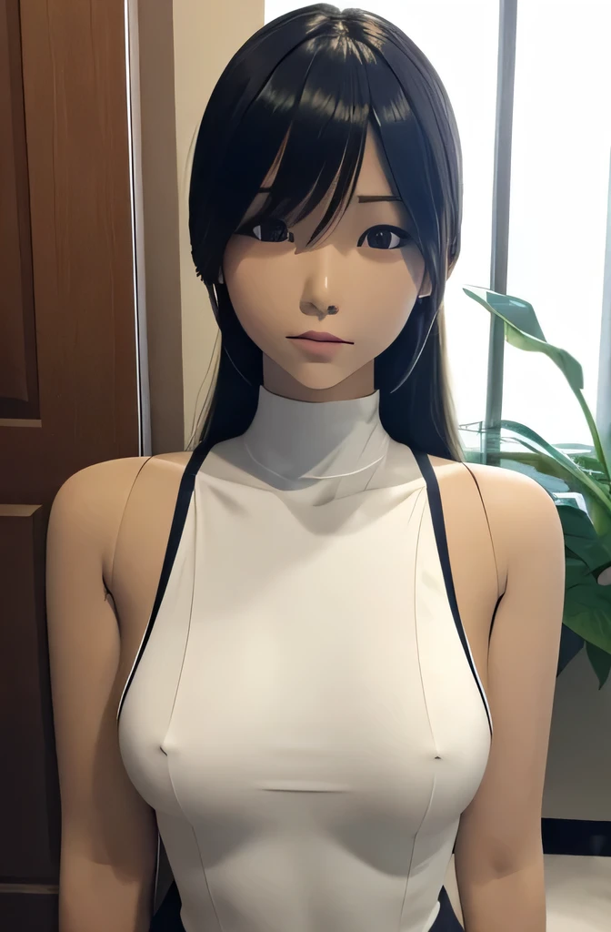 A full-body mannequin gently interacts with a computer,mannequin is a high school girl,The mannequin is 165cm tall,Mannequin color&#39;My face is white.,Mannequin color&#39;The body is pure white.,The mannequin has brown hair.( ponytail,bangs),Mannequin color&#39;lips light pink color.,mannequin&#39;Eye color is black,mannequin has a long, Thin face.,mannequin is wearing a coat　Bangs　mannequin is 33 years old　Straight Hair A
