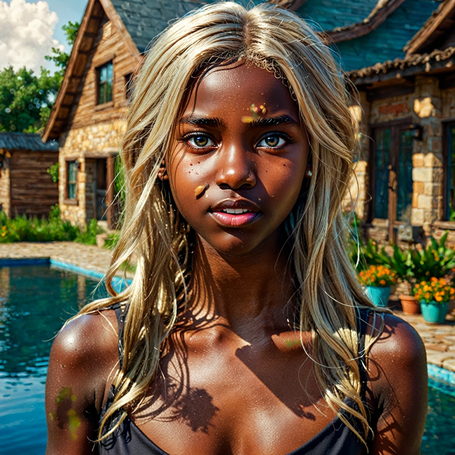 Infamous white blonde young teen girl kid, 13 years, extremely very dark skin, perfect real skin texture, long hair, wearing dress, perfect real mouth, perfect real symmetrical eyes, perfect real expressive face, same skin color perfect match, cinematic filter masterpiece raw scenario wallpaper cover, oiled face, realistic cartoon.full body.full naked