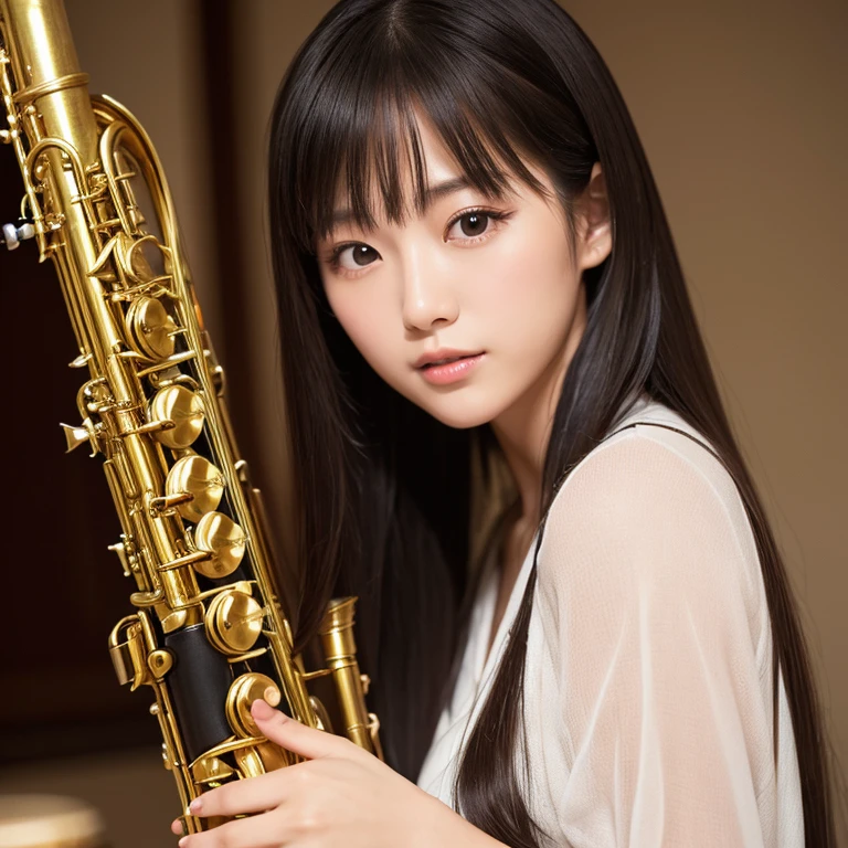 High resolution Japanese beauty G-cup Neat Beauty Playing the saxophone dress hole