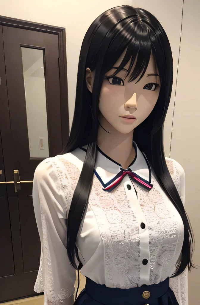 1 full body mannequin,That mannequin is Erika Ikuta.,That mannequin is 40 years old.,mannequin color'my face is white.,mannequin color'The body is pure white.,That mannequin has a thin and small face..,The mannequin has black hair(very flat straight hair,bangs),mannequin color'eyes are black.,mannequin is wearing a girl' high school uniform.,A mannequin is touching a computer