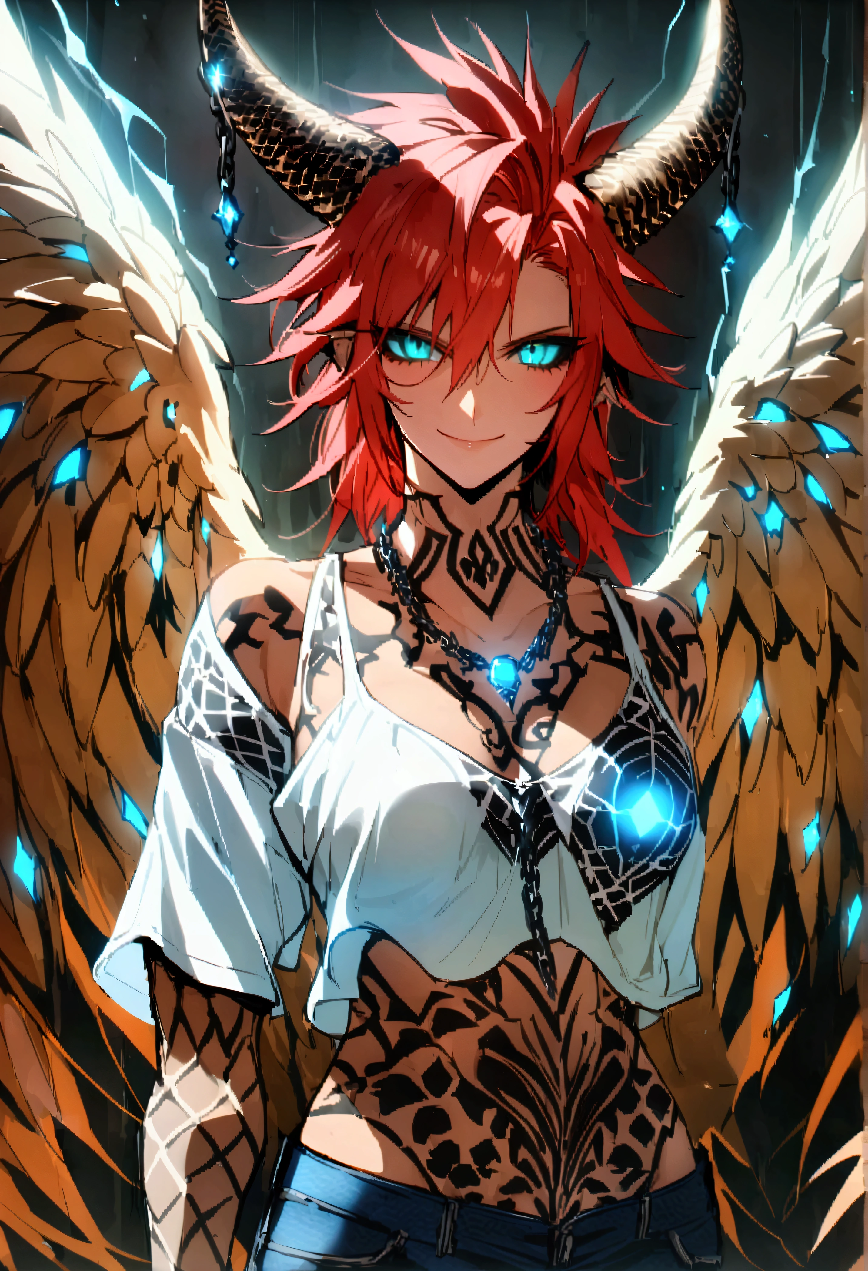 thesociallyawkwardpinguin 作、zerofox1000、Abstract background、White outline、adult、woman、Humanoid、Are standing、Pause、Watching the viewer、Medium chest、BREAK、の生えたDragon、Dragon、Orange body、White Countershading、((Black patterned body、Calico))、Green Eyes、White Wings、(Feathered Wings)、Red Hair、Messy Hair、mane、jeans、pants、Checked collared blouse、Rolled up my sleeves、Larger clothes、smile、happiness、BREAK、Dragon、monster、scale、scale、(((Brown body、Beige countershading:1.2)))、Medium chest、[Muscular、Tightened]、Spiked Hair、Blue glowing horn、(Blue glowing nails)、Glowing blue eyes、black sclera、(Blue glowing stripes on body)、Sharp teeth、Mohawk、punk、(Shorts)、Tank top、Best、abdomen、Proud、Chain Necklaces、square Enix、Final Fantasy、