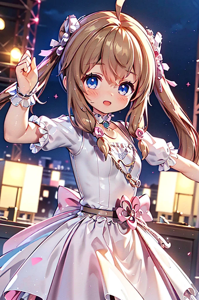 Solo girl, comical, kawaii, Blue eyes, light brown hair, back high twintails, front braids, princess dress, open mouth smile, from below, dance at the stage, neon and led lights, posing, flying kiss, high resolution image, masterpiece, high quality, attractive eyes, dutch angle, close shot, bust shot