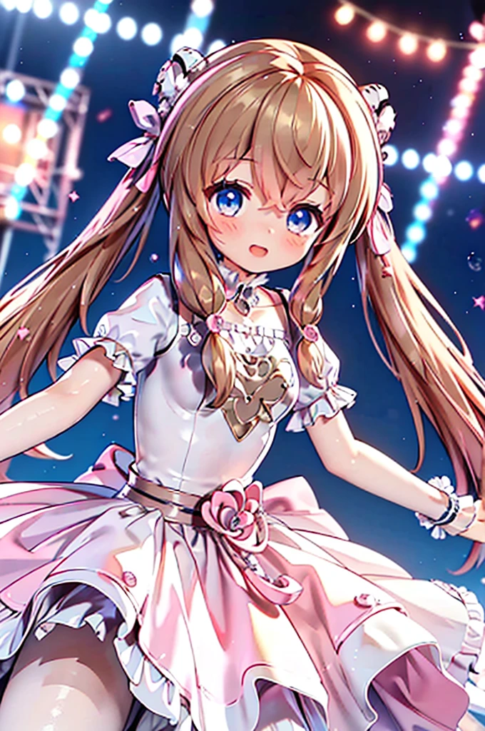 Solo girl, comical, kawaii, Blue eyes, light brown hair, back high twintails, front braids, princess dress, open mouth smile, from below, dance at the stage, neon and led lights, posing, flying kiss, high resolution image, masterpiece, high quality, attractive eyes, dutch angle, close shot, bust shot
