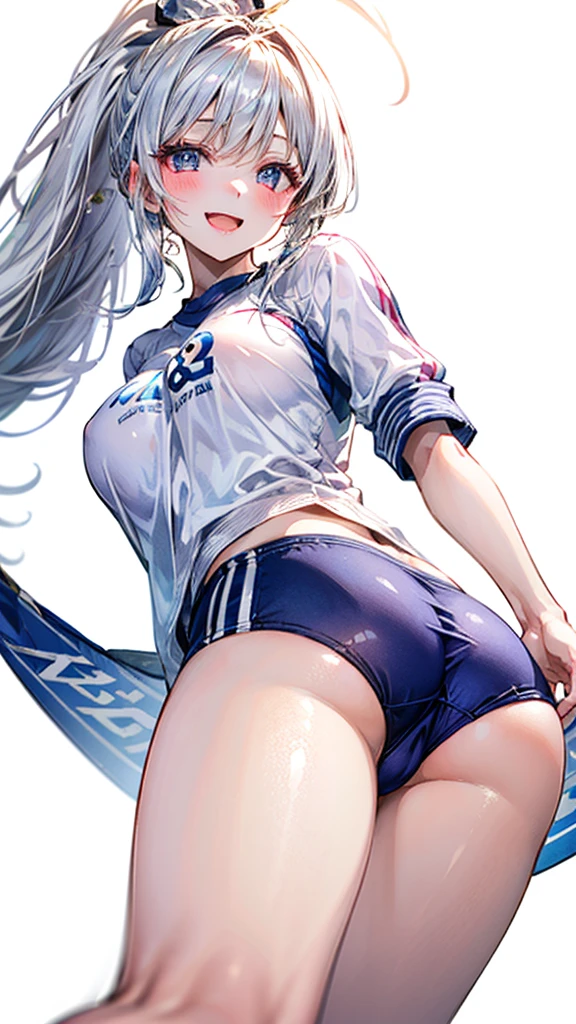 (Best quality, 8k, 32k, Masterpiece, UHD,:1.2),RAW, 1girl,ultra cute , natural lighting,transparent shining eyes, 20yo ,fair complexion,blush, open mouth, laughing, (sportswear), ((Dynamic angle)), medium breast, smiling, shiny,, ((White Background)), White hair, ponytail, Cowboy shot, wedgie, Cameltoe, sitting, From Below