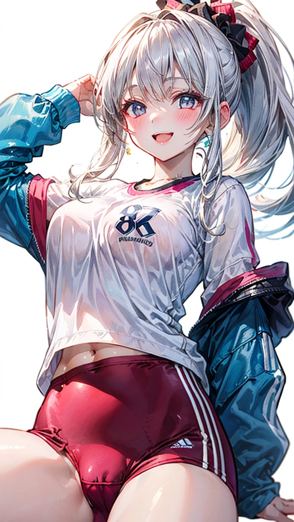 (Best quality, 8k, 32k, Masterpiece, UHD,:1.2),RAW, 1girl,ultra cute , natural lighting,transparent shining eyes, 20yo ,fair complexion,blush, open mouth, laughing, (sportswear), ((Dynamic angle)), medium breast, smiling, shiny,, ((White Background)), White hair, ponytail, Cowboy shot, wedgie, Cameltoe, sitting, From Below