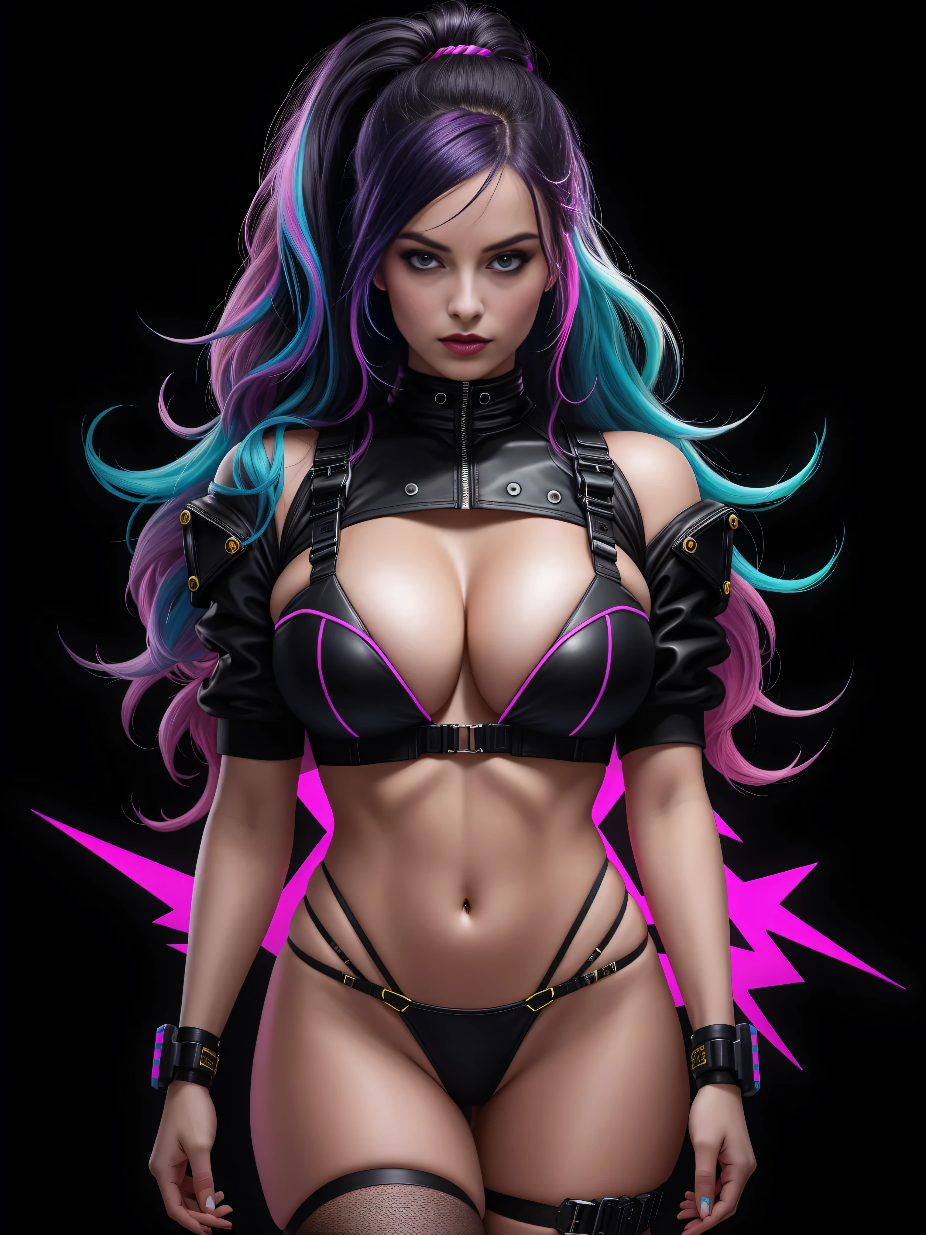 there is Margot Robbie, navy blue and bright purple neon streaked hair, hair in pony tail, 3 d neon art of a womans body, neon-noir background, cyberpunk femme fatale, seductive cyberpunk dark fantasy, cyberpunk strip clubs, cyberpunk 20 y. o model girl, oppai cyberpunk, banner, high definition cgsociety, cgsociety masterpiece, trending on cgstation, kda, random hair, looking at camera, gigantic breasts, cleavage, (high detailed skin:1.2), 8k uhd, dslr, super lighting, high quality, film grain, high res, highly detailed, hyper realistic, beautiful face, beautiful body, beautiful eyes nose lips, alluring expression, very bold, upper  visible, full body photo, standing legs apart, pale translucent glowing skin, most beautiful face, cute, (well defined pubic hair:1.2)), (dark plain black background:1.4))