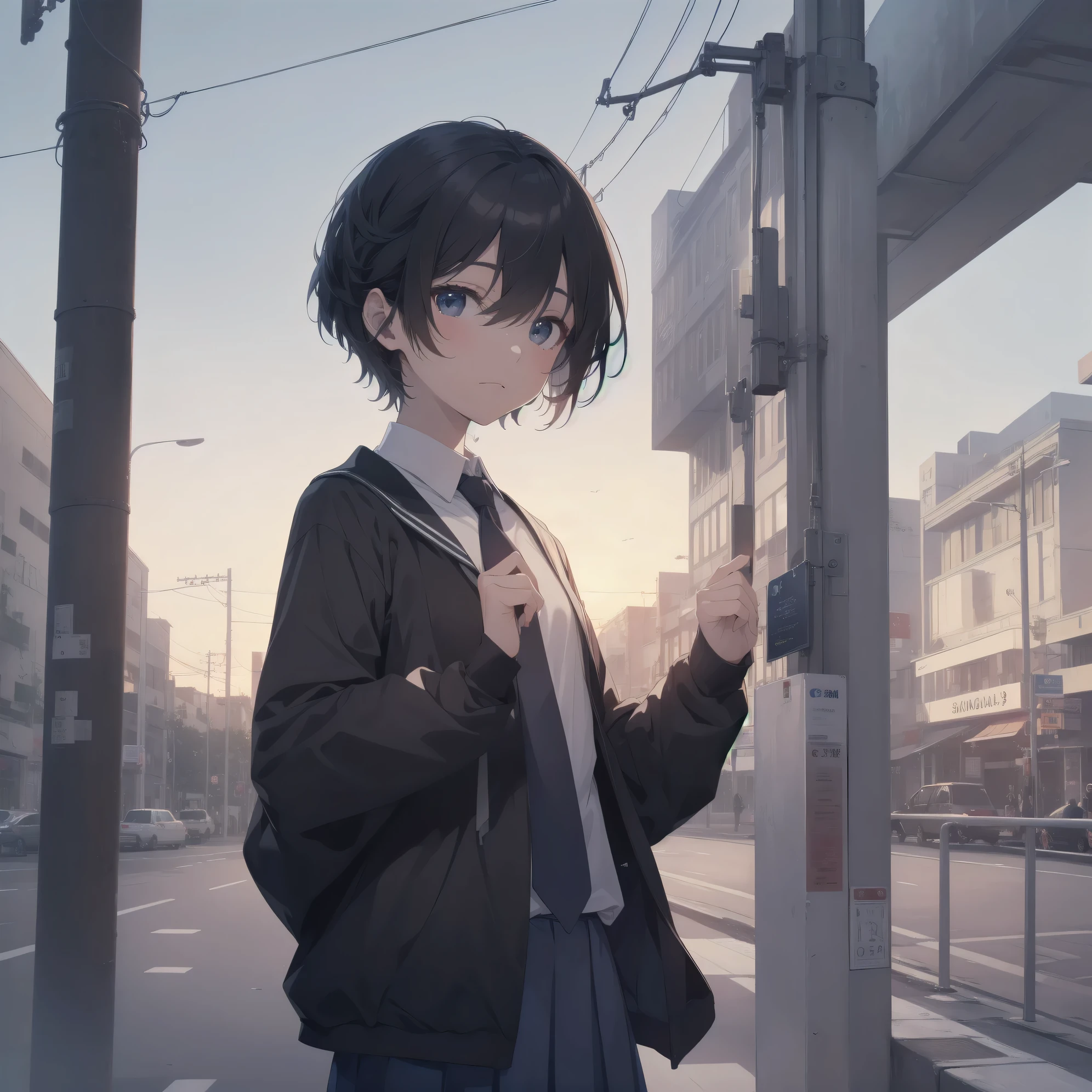 ultra-absurdres-Top quality by artist God, ultra-detailed, high resolution, anime moe artstyle, best anime 8k konachan wallpaper, pixiv contest winner, pool:2810, perfect anatomy,break, 1girl, (Please draw a girl walking sleepily to school alone. )break,(Solo,little female, 13-year-old:1.3),Full limbs, complete fingers,a junior high school student, (very short hair), short cut, flat chest, , small butt, small black eyes, beautiful detailed eyes, well-proportioned iris and pupils, expressive eyes, highres detailed hair, soft expression, salor school_uniform, sailor collar, serahuku, bow, pleated skirt,(Detailed Lighting), (Detailed background), in the School commute route. break,super detailed skin, Best cinematic lighting powered by famous artist, 8k,beauty illustration,photoshop_(medium),very aesthetic,break,((artist:tomose_shunsaku )), artist:clamp ,artist:carnelian ,artist:kantoku ,