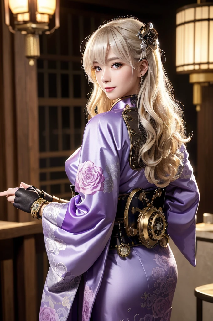 Woman portrait、Highest quality、Rear view、8K, clear, Fine skin、Clear, beautiful eyes、The beauty of a smile、Bright beautiful face、whole body、Curly Hair、My hair was messed up by the wind、(Glamorous Muscle、tall),(Hip_superior, Hip superior), Beauty,( Watching the audience),Realistic, High resolution, Soft Light,1 female, One person,blonde hair,Long Hair,bangs,Fine Skin, Naughty look,((Steampunk kimono,Damask rose,Mature Woman)),Steampunk style girl、Costumes decorated with lots of gear and watches,(Silver and purple stripes,Sailor-style armor with collar)、Beautiful Steampunk Guild Staff Costume Banker Uniform,(Silver and purple mech,銀のスチームパンクの銀のSteampunk kimono, High-tech Mecha,beads,elbow gloves、Gemstone Helmet,Luxurious obi,Lavish decoration)、((arms behind back)),(bokeh),(studio lighting)