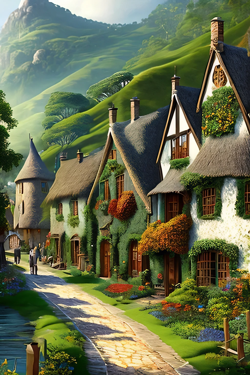 In an exquisite 8K resolution, this image brings to life the enchanting village of Ardenwood, nestled within a verdant, vibrant valley. Ancient oaks, boasting rich, textured bark and sprawling canopies of emerald leaves, stand tall like guardians over the landscape. Winding brooks meander through the village, their waters sparkling with clarity, adding a touch of life to the serene tableau. Charming thatched-roof houses adorned with colorful flower boxes dot the terrain, each displaying a unique charm that speaks of a bygone era. The cobblestone streets weave intricately, inviting exploration, while vill