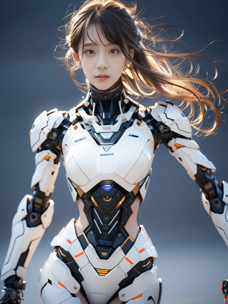 {{best quality, 1080P, Masterpiece, Ultra high resolution, photorealistic, ultra realism, Realistic skin texture, Extreme skin detail, dslr, Detailed eyes, Facing the camera, The face is very young and beautiful., blue eyes,Concise facial structure, Pale skin, Realistic skin texture, Extreme skin detail, oc render reflection textures, Realistic light and shadow, Single picture, alone, The body is slim and balanced., Height 170, naked girl, Nude, no underwear, A girl with the body of a mechanical robot., Transparent futuristic black glass mech armor suit, The mechanical cervix is attached to the neck., flat stomach, Woman with perfect robot arms and legs, ((You can see from the head down to the feet.)), full body view, Whole body photo.}}