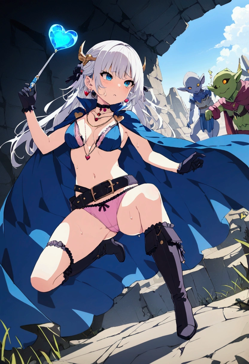 masterpiece, Highest quality, Highest quality, High resolution, concentrated、You can see the top and bottom of your underwear(Pink underwear)、Open chest、The crotch is open、Facing each other、A warrior girl fighting many goblins(Magic wand)(Fire Magic)(Desperate look)(Horizontal)(White Hair)(Blue clothes)(Cape)(choker)(belt)(Heart Necklace)(Thigh knee-high socks)(Tear bags)(Earrings)(boots)、Fighting Goblins、Full body angle、Side view、Drops of sweat fly、Inside the Earth Ruins、Speed、