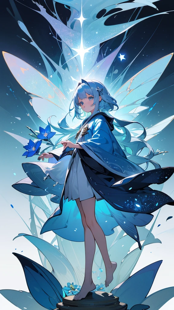Highest quality,masterpiece,Detailed Details,Super detailed,colorful,The background is the deep blue sea,Transparency,Use HDR technology to create a sense of depth,beautiful,beautiful自然,5 year old girl,Alone,Wearing a wizard's robe,Stand in the center of the screen,The whole body faces this way,Look diagonally forward to the left,Put your right hand forward in a three-dimensional way,A star-like light from the right,Light magic from the right hand,Narrow and gentle eyes,mysterious,Silver hair decorated with blue flowers,Fantasy atmosphere,beautiful虹色の蝶々is flying in the air