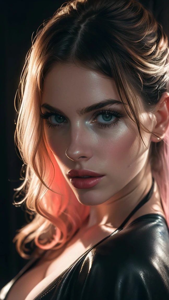 (((ultra realistic))) Photo, masterpiece, top quality, (pale skin), (ultra detailed face and eyes:1.1), 1 girl, adult, deep neckline, (Eye makeup, mascara) , ((large detailed lips)), ((pink wavy hair)), ((bangs)) , ((natural breasts)). ((posing)), photoshoot, Studio ((contour light)), (The play of light and shadows), depth of field, hips, (special attention to leather details: 1.2), (Cold atmosphere of the frame, bright colors, Colors: black), ((portrait, close to the camera)) , ultra detailed,