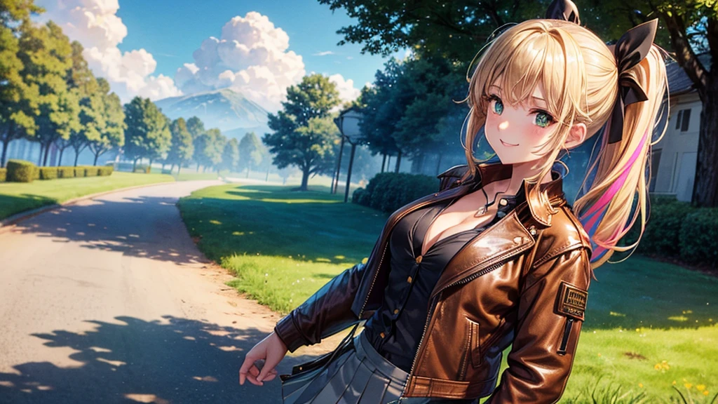 1girl, solo, full body, summer, village, trees, sun, clouds, ((colorful hair)), side ponytail, large breasts, ((brown leather jacket)), button down shirt, ((black shirt)), ((unbuttoned shirt)), unbuttoning buttons, cleavage 1:3 green eyes, grey skirt, smile, happy, looking at the viewer, standing, hair ribbon, golden necklate