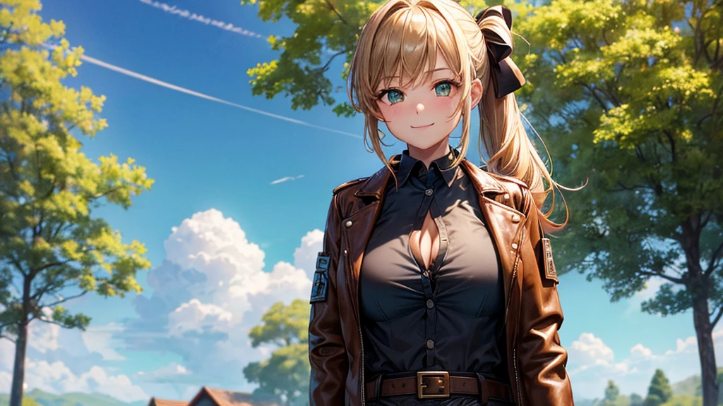 1girl, solo, full body, summer, village, trees, sun, clouds, ((colorful hair)), side ponytail, large breasts, ((brown leather jacket)), button down shirt, ((black shirt)), ((unbuttoned shirt)), unbuttoning buttons, cleavage 1:3 green eyes, grey skirt, smile, happy, looking at the viewer, standing, hair ribbon, golden necklate