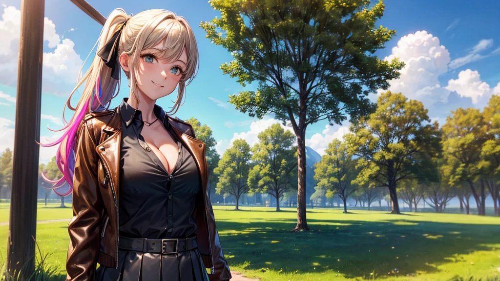 1girl, solo, full body, summer, village, trees, sun, clouds, ((colorful hair)), side ponytail, large breasts, ((brown leather jacket)), button down shirt, ((black shirt)), ((unbuttoned shirt)), unbuttoning buttons, cleavage 1:3 green eyes, grey skirt, smile, happy, looking at the viewer, standing, hair ribbon, golden necklate